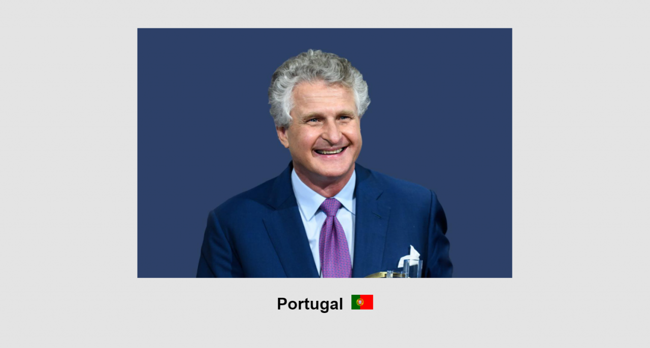 Fotografia de Guy Villax com bandeira de Portugal quando recebeu o prémio EOY em Portugal